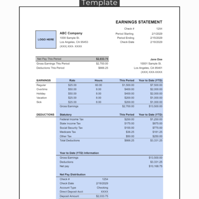 Pay stub template with a logo space: net pay for the period, gross earnings and deductions, earnings by type including vacation and sick, taxes, year-to-date information and net pay distribution.