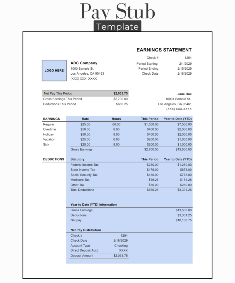 Pay stub template with a logo space: net pay for the period, gross earnings and deductions, earnings by type including vacation and sick, taxes, year-to-date information and net pay distribution.