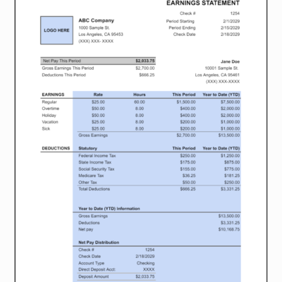 Earnings statement with a logo space: net pay this period, earnings including vacation and sick, statutory deductions, year-to-date information and net pay distribution.