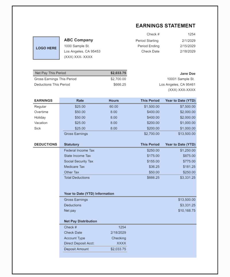 Earnings statement with a logo space: net pay this period, earnings including vacation and sick, statutory deductions, year-to-date information and net pay distribution.