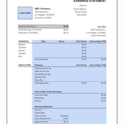 A blank earnings statement template with a logo space and net pay distribution.