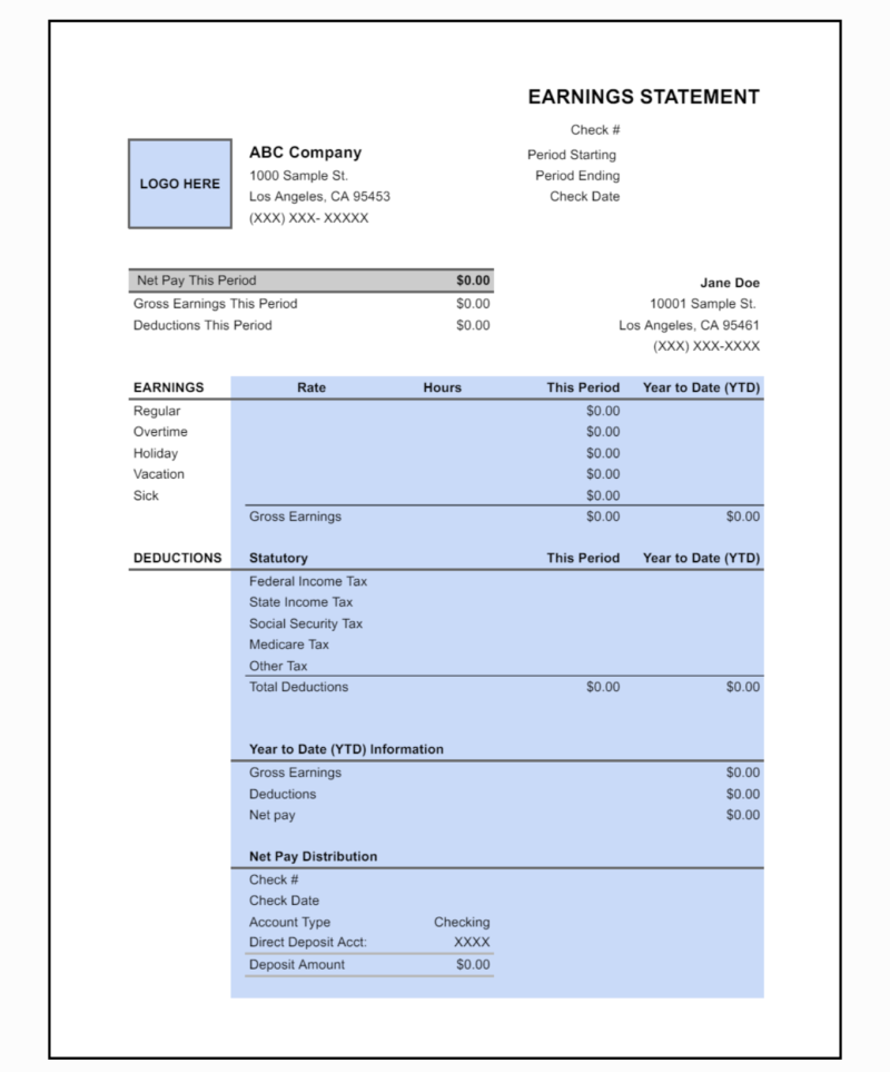A blank earnings statement template with a logo space and net pay distribution.