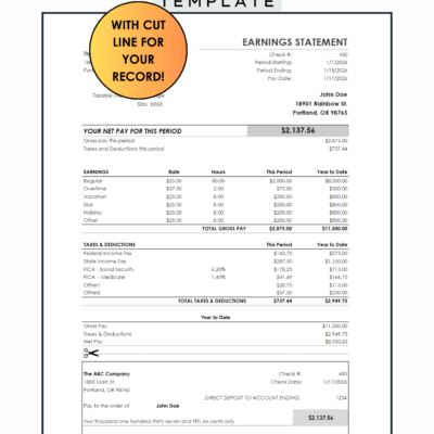 449 Pay stub template with a cut line: net pay for the period, earnings by type with rate and hours, taxes and deductions, year-to-date totals, and a detachable section for your records.