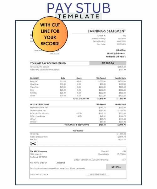 Pay stub template with a cut line: net pay for the period, earnings by type with rate and hours, taxes and deductions, year-to-date totals, and a detachable section for your records.
