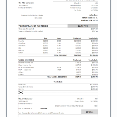 450 Pay stub showing an earnings statement for a sample employee: net pay for the period, earnings by type with rate and hours, taxes and deductions, year-to-date totals, and a detachable direct deposit section.