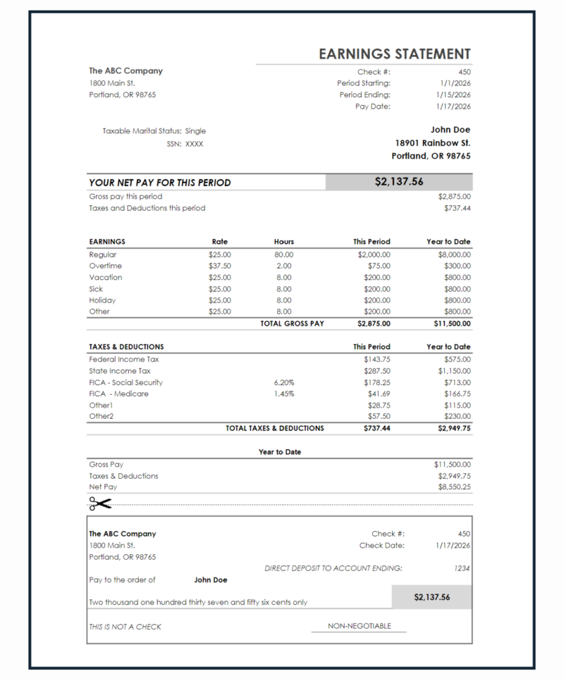 450 Pay stub showing an earnings statement for a sample employee: net pay for the period, earnings by type with rate and hours, taxes and deductions, year-to-date totals, and a detachable direct deposit section.