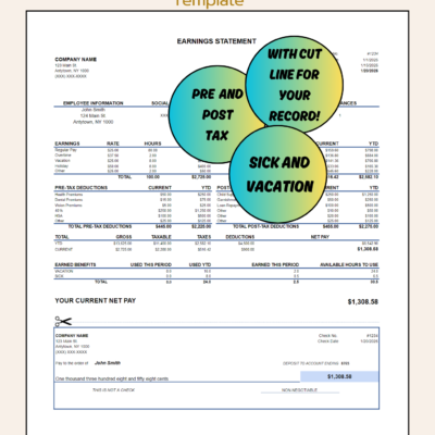 Pay stub template with pre-tax and post-tax deductions, sick and vacation hours, and a cut line for your records: earnings by type, deductions, year-to-date and current totals, earned benefits and net pay.