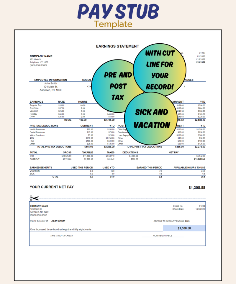 Pay stub template with pre-tax and post-tax deductions, sick and vacation hours, and a cut line for your records: earnings by type, deductions, year-to-date and current totals, earned benefits and net pay.