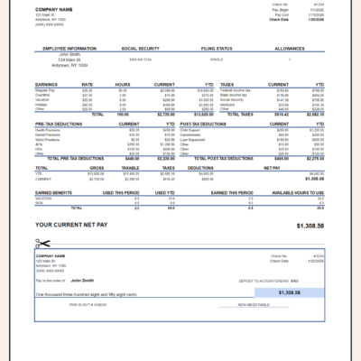 Earnings statement with pre-tax and post-tax deductions, earned benefits, year-to-date and current totals, current net pay, and a detachable deposit section.