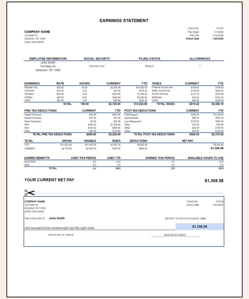Earnings statement with pre-tax and post-tax deductions, earned benefits, year-to-date and current totals, current net pay, and a detachable deposit section.