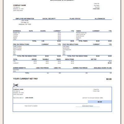 A blank earnings statement template with pre-tax and post-tax deductions, earned benefits and a detachable section.