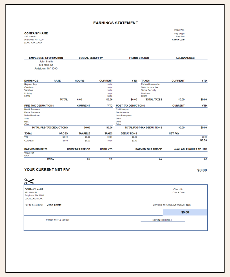 A blank earnings statement template with pre-tax and post-tax deductions, earned benefits and a detachable section.