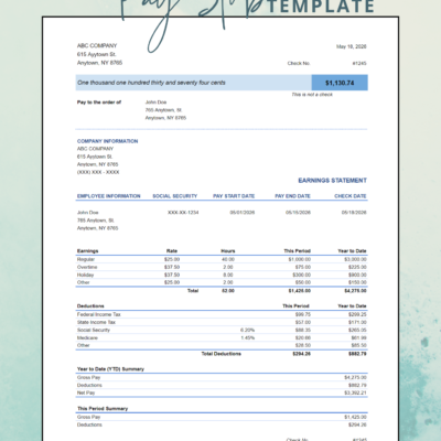 459 Pay stub template with the check section at the top: net pay for the period, company and employee information, pay dates, earnings by type, deductions, and year-to-date and current period summaries.