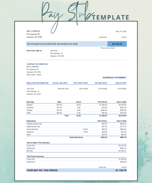 Pay stub template with the check section at the top: net pay for the period, company and employee information, pay dates, earnings by type, deductions, and year-to-date and current period summaries.