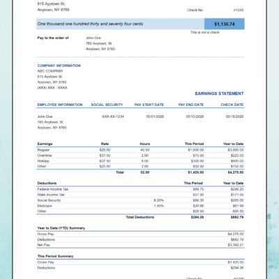 460 Earnings statement with the check section at the top: pay amount in words, company and employee information, earnings, deductions, year-to-date and this period summaries, and net pay this period.