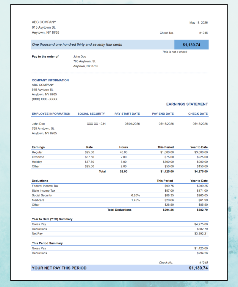 460 Earnings statement with the check section at the top: pay amount in words, company and employee information, earnings, deductions, year-to-date and this period summaries, and net pay this period.