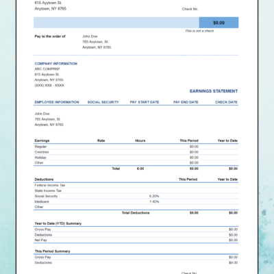 461 A blank earnings statement template with the check section at the top.