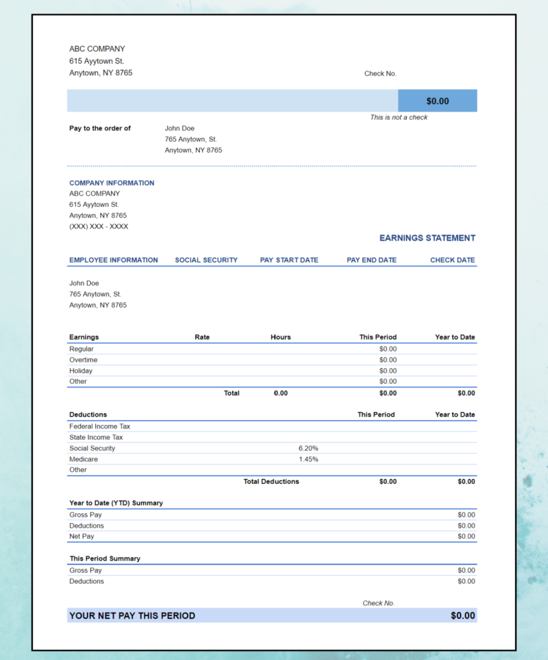 461 A blank earnings statement template with the check section at the top.