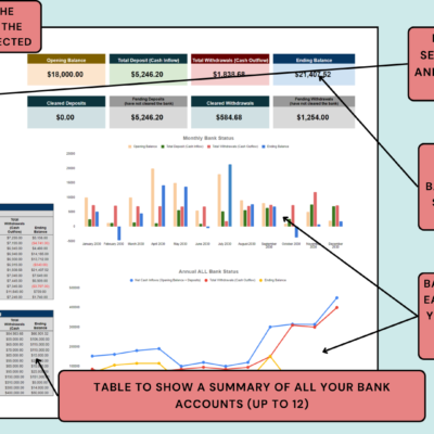 Bank reconciliation dashboard with notes: select any year, month and bank account (up to 12 accounts); figures and charts update, with a monthly balance table and a summary of all accounts.