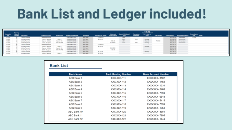 Bank list and ledger included: up to 12 banks with routing and account numbers, and a ledger of transactions with reconciliation status.