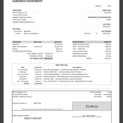Sales commission earnings statement: base pay and commission rate, earnings including commissions, bonus and performance pay, deductions, net wages, a sales unit log and a detachable check-style section.