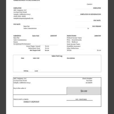 A blank sales commission earnings statement template.
