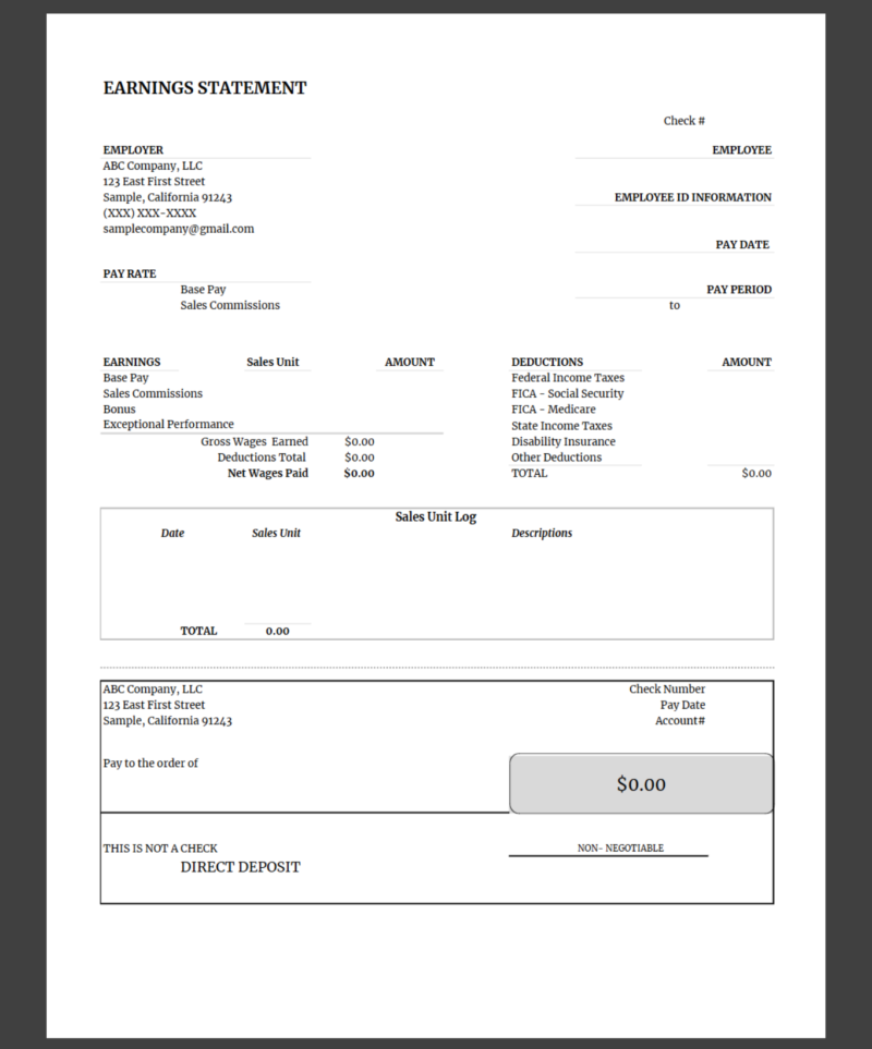 A blank sales commission earnings statement template.