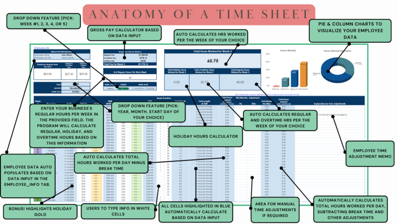 Labeled employee timesheet: pick the year, month, start day and week; regular, overtime and holiday hours and gross pay are calculated, holidays are highlighted, and charts show the hours.