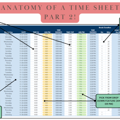 Timesheet part 2: enter time in, time out and break time, pick AM or PM from a list, and today's date is highlighted.
