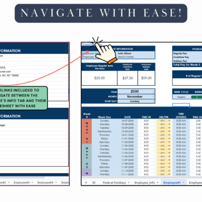Hyperlinks move between each employee's information tab and their timesheet.