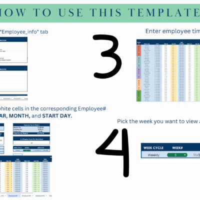 How to use it: enter employee information, fill in each employee's tab with year, month and start day, enter time, and pick the week to see. Includes 12 tabs: a federal holiday tab, an employee info tab and 10 employee tabs.