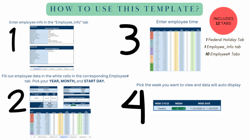 How to use it: enter employee information, fill in each employee's tab with year, month and start day, enter time, and pick the week to see. Includes 12 tabs: a federal holiday tab, an employee info tab and 10 employee tabs.