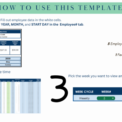How to use it: fill in employee data and pick the year, month and start day, enter employee time, then pick the week to view. Includes 5 employee tabs and a federal holidays tab.