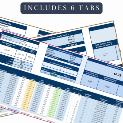 Includes 6 tabs: a federal holiday tab and 5 employee tabs, one for each employee.