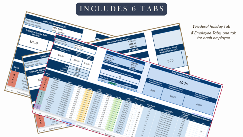 Includes 6 tabs: a federal holiday tab and 5 employee tabs, one for each employee.