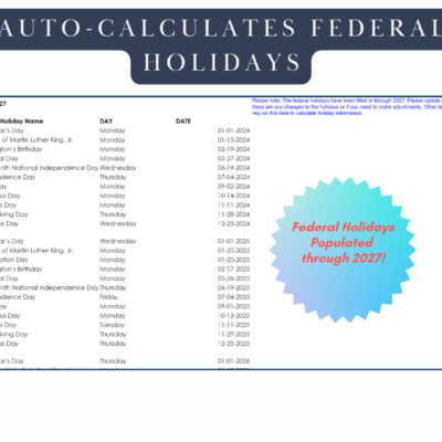 Federal holidays filled in through 2027 are used to calculate holiday hours.