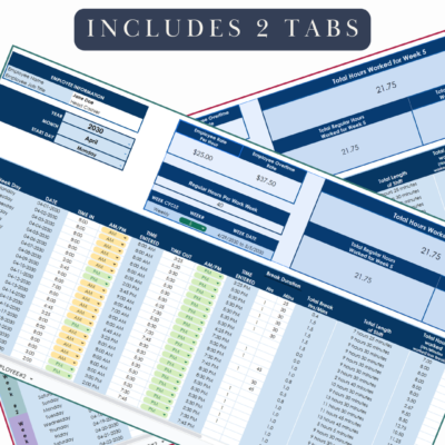 Includes 2 tabs, one timesheet tab for each employee.