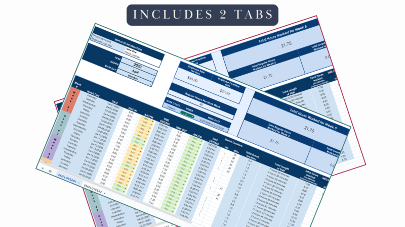 Includes 2 tabs, one timesheet tab for each employee.