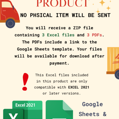 This is a digital product; no physical item is sent. You receive a ZIP file with 3 Excel files and 3 PDFs linking to the Google Sheets templates. Works with Excel 2021 or later.