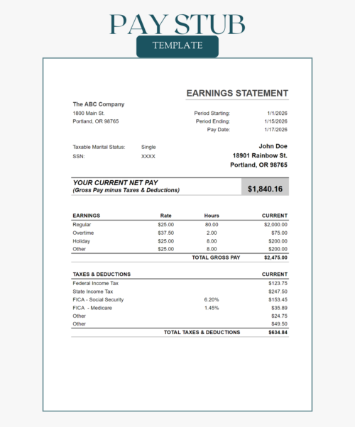 Simple pay stub template showing an earnings statement: current net pay, earnings by type with rate and hours, and taxes and deductions for the current period.