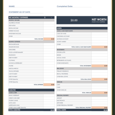 A blank personal financial statement template.