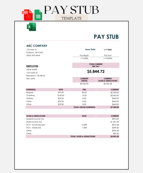 Pay stub template: current net pay, current gross pay and taxes and deductions, and earnings and taxes by type with rate and hours. PDF, Excel and Google Sheets.