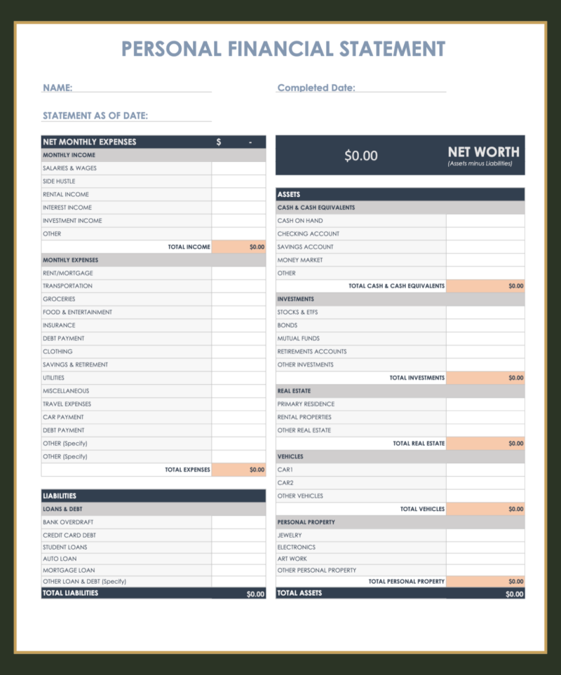 A blank personal financial statement template.