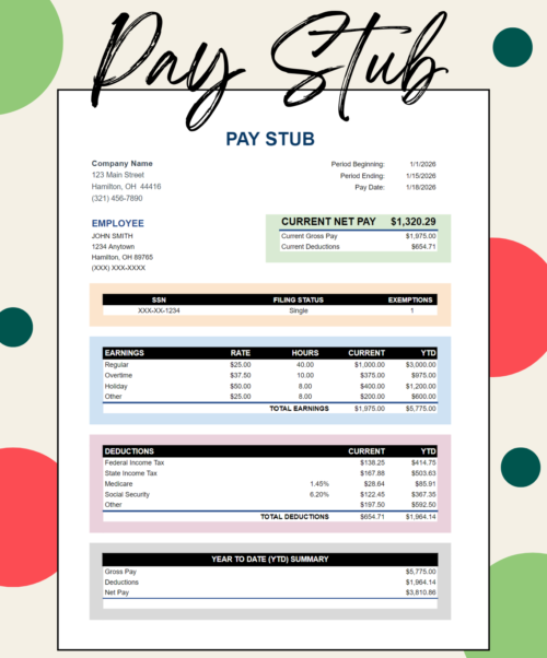 Pay stub template in colored blocks: current net pay, gross pay and deductions, filing status and exemptions, earnings by type with rate and hours, deductions, and a year-to-date summary.
