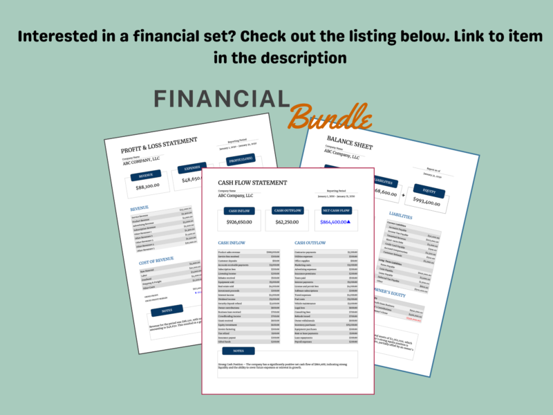 Trucking Spreadsheet (1) The financial bundle of a profit and loss statement, balance sheet and cash flow statement is a separate listing linked in the description.