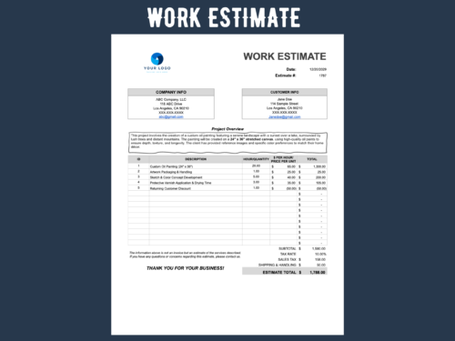 Work estimate for a custom oil painting: company and customer information, project overview, line items with hours or quantity and price, discount, sales tax, shipping and estimate total.