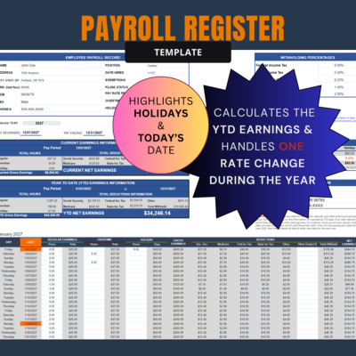 Trucking Spreadsheet (1) Payroll register that calculates year-to-date earnings and handles one pay rate change during the year: current and year-to-date earnings and deductions, daily earnings, and holidays and today's date highlighted.