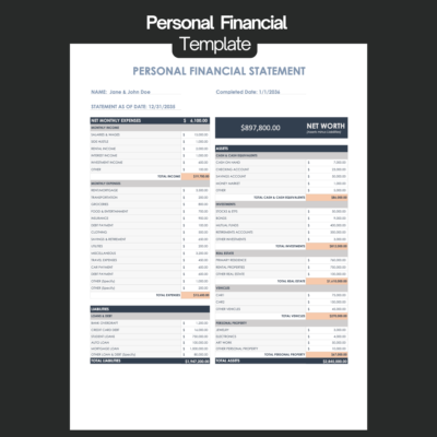 Personal financial statement for a sample couple: net worth, monthly income and expenses, assets by type, and liabilities such as loans and debts.