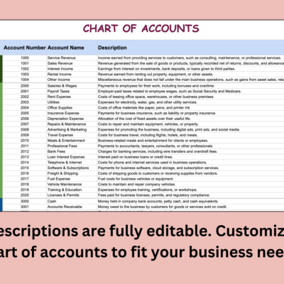 Chart of accounts close-up: all descriptions can be edited to fit your business.