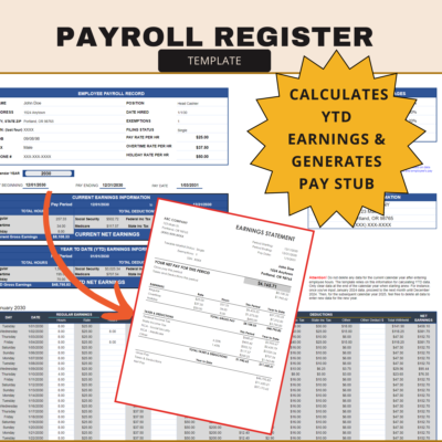 Payroll register that calculates year-to-date earnings and creates a pay stub: employee details, current and year-to-date earnings, daily earnings and deductions, and a sample earnings statement.